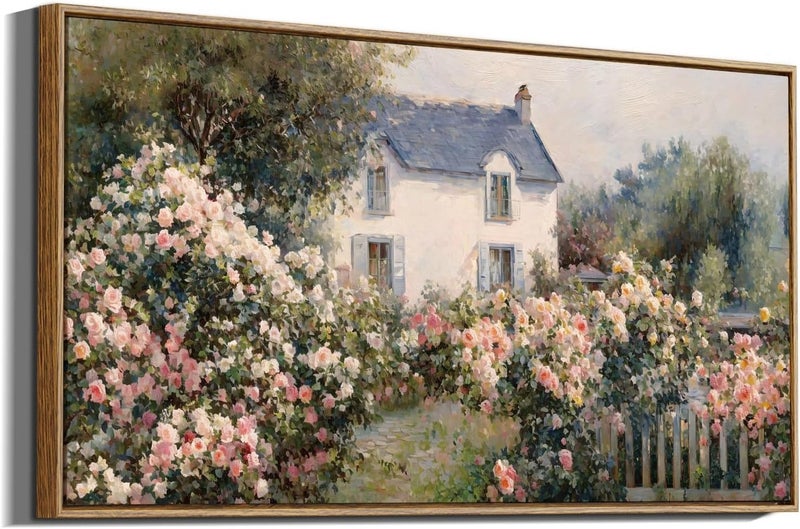 EMODA Cottage Rose Garden Wall Art – Retro Floral Landscape Painting, Framed 60x120 cm, Perfect Home Décor - Image 4